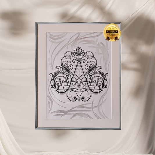 A Original Monogram - Silver Foil, Elegant Silver frame